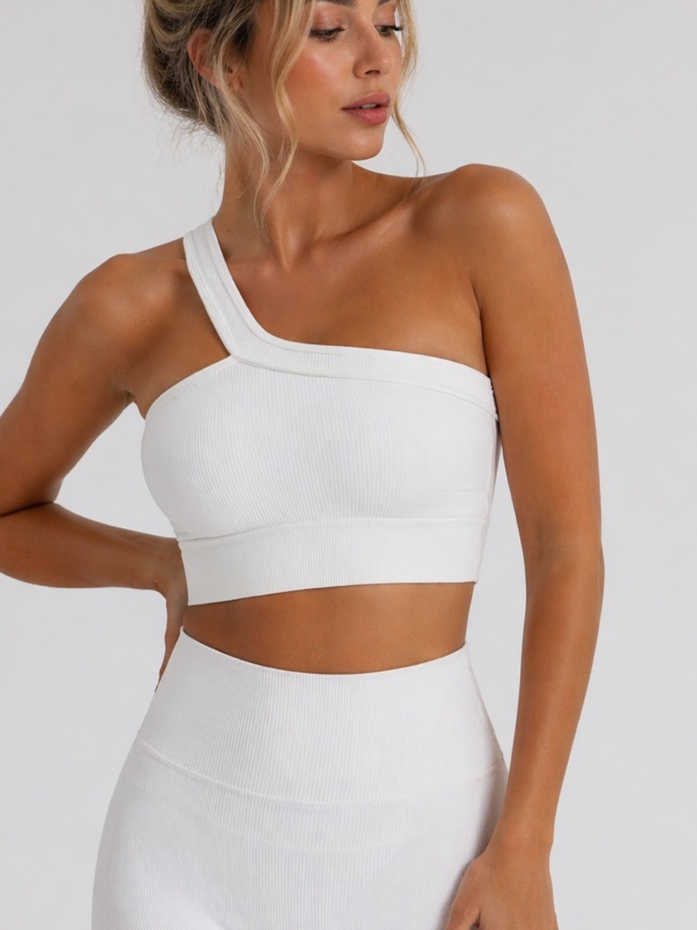 One Shoulder White Ribbed Seamless Crop Top Sculpting Minimalist Athleisure XS/S